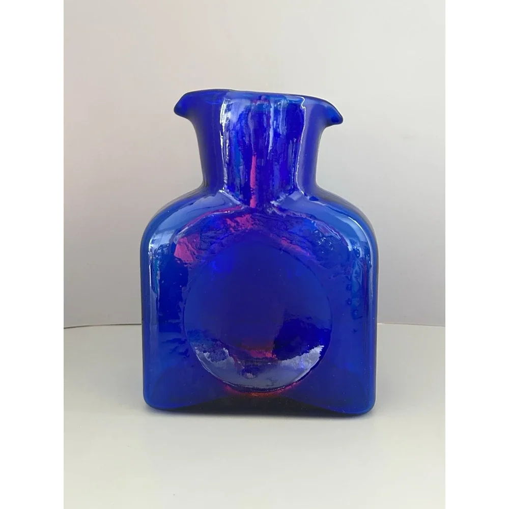 BLENKO Cobalt Blue Art Glass Double Spout Pitcher Vase Carafe 8